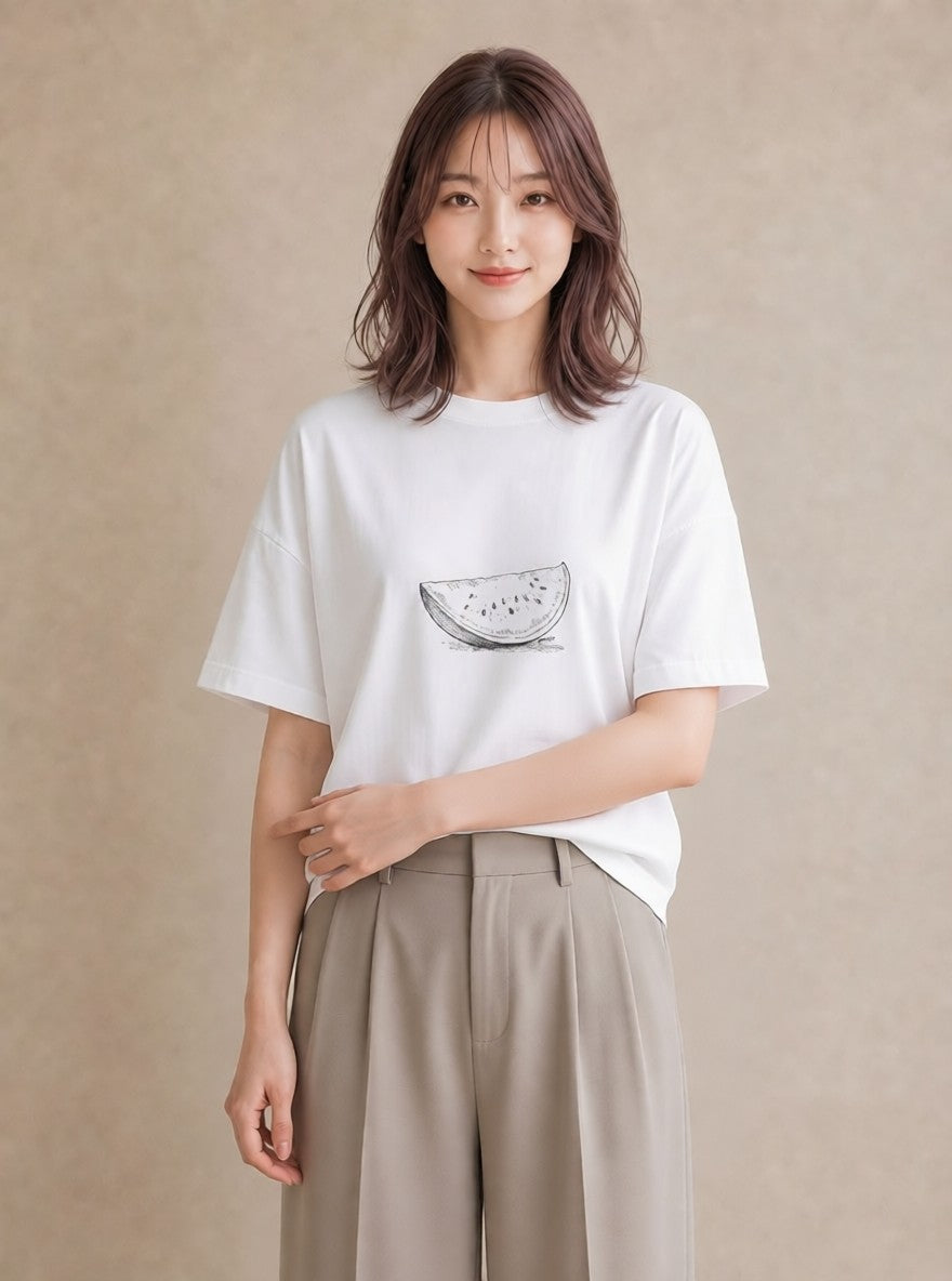 Tシャツ レディース メロン 食べ物 フード イラスト ニュアンス 母の日 ビーチ 白T YMAZO