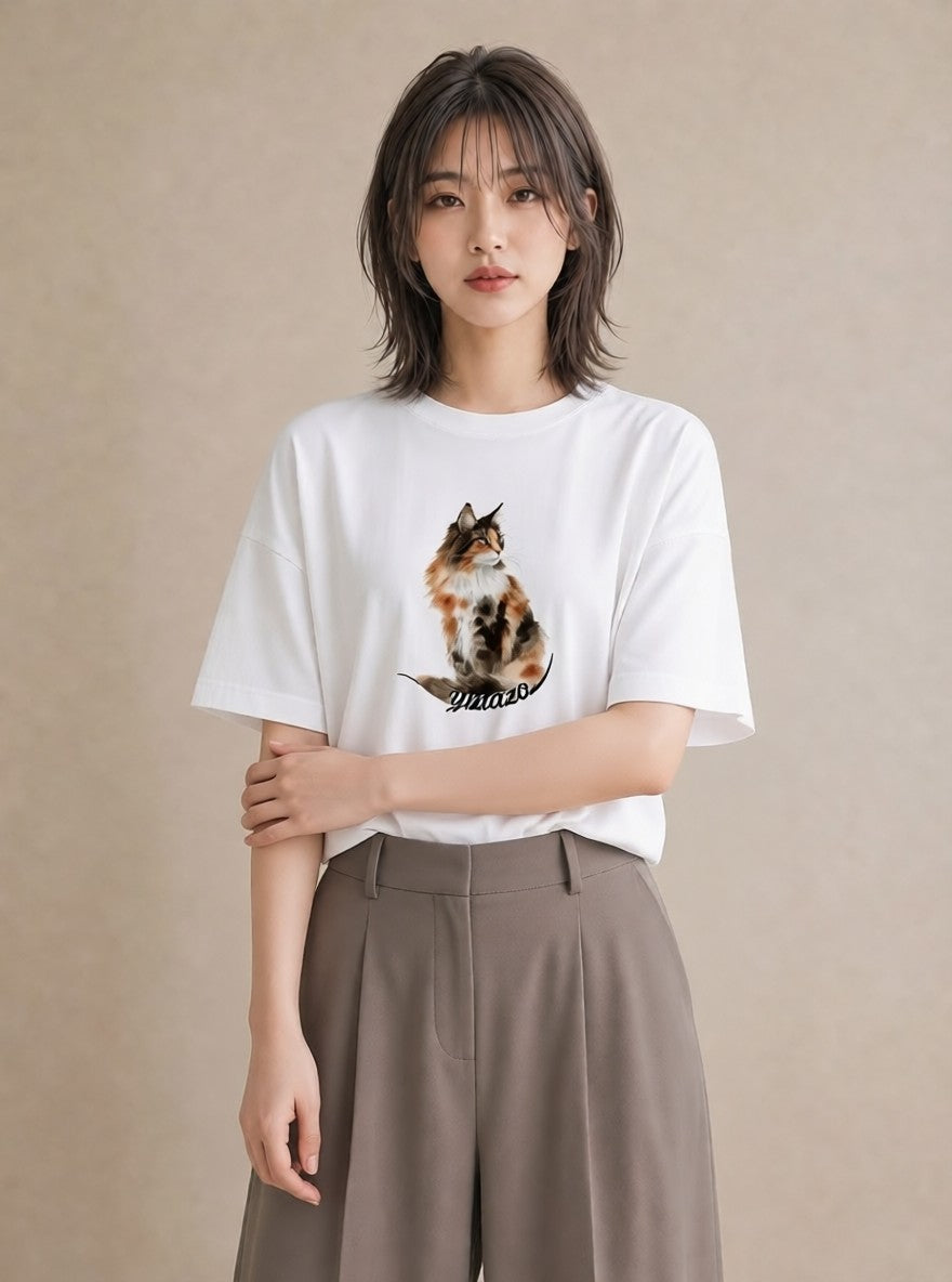 Tシャツ レディース しっぽ 猫 ねこ イラスト 線画 お出かけ 普段着 白T YMAZO