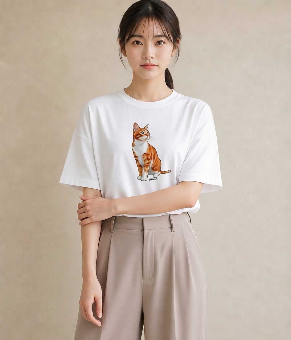 デザインTシャツ レディース サビ猫 猫 ねこ イラスト カフェコーデ 親子 20代 白T YMAZO