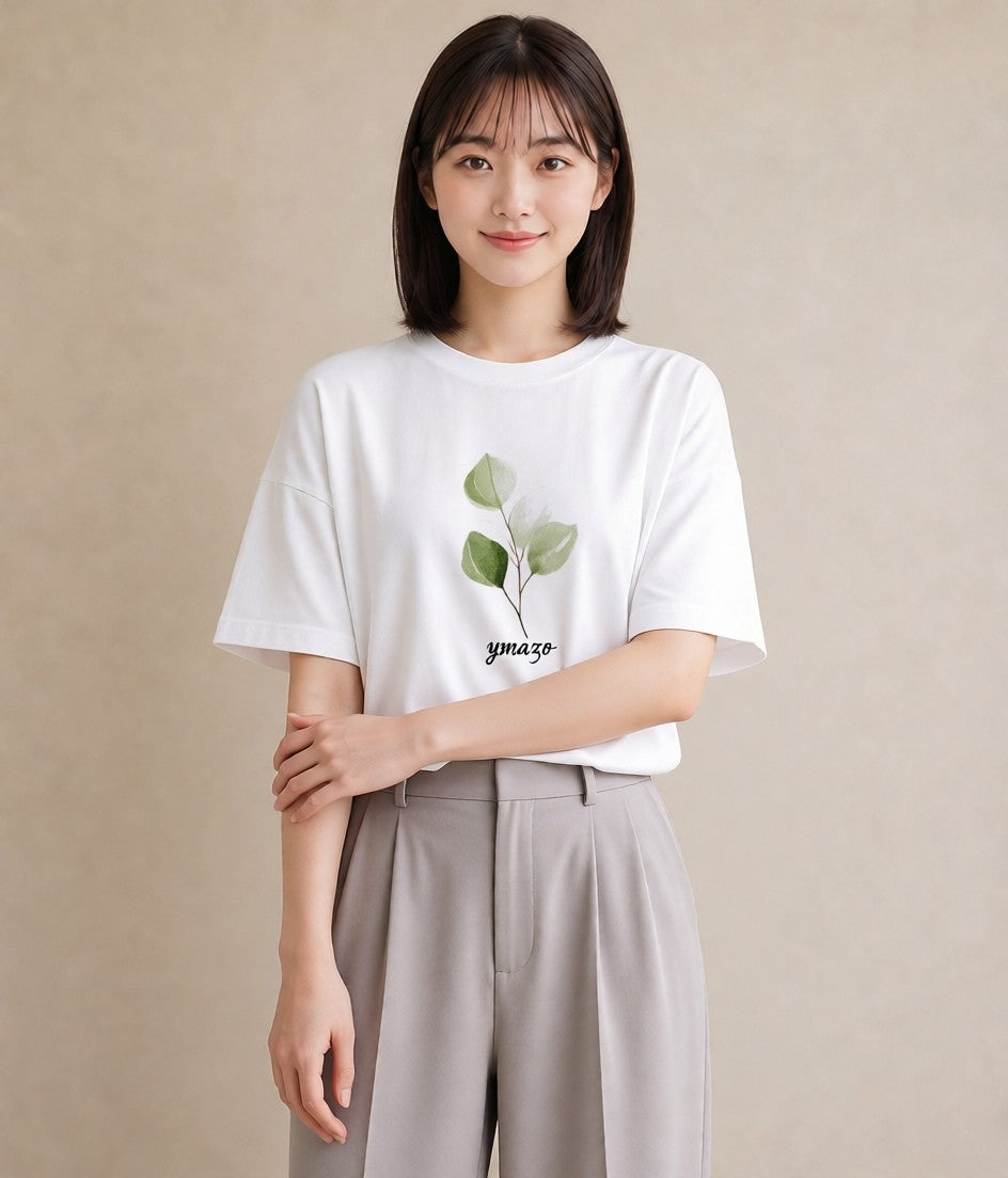 半袖Tシャツ レディース 新緑 植物 ボタニカル イラスト 韓国風 女子会 お揃い 白T YMAZO