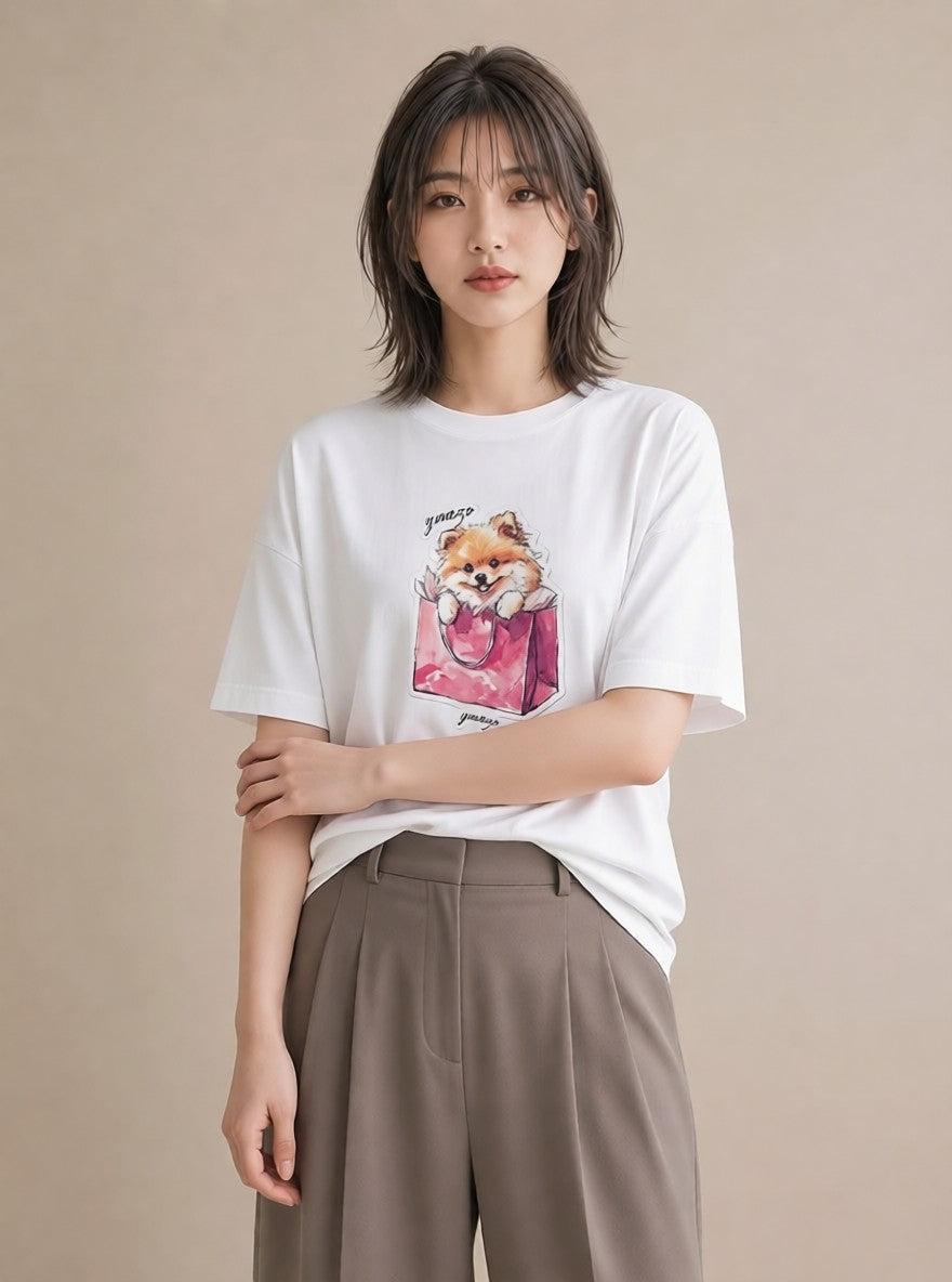 デザインTシャツ レディース ポメラニアン ポメ 犬 いぬ イラスト 北欧風 おしゃれギフト 社会人 白T YMAZO