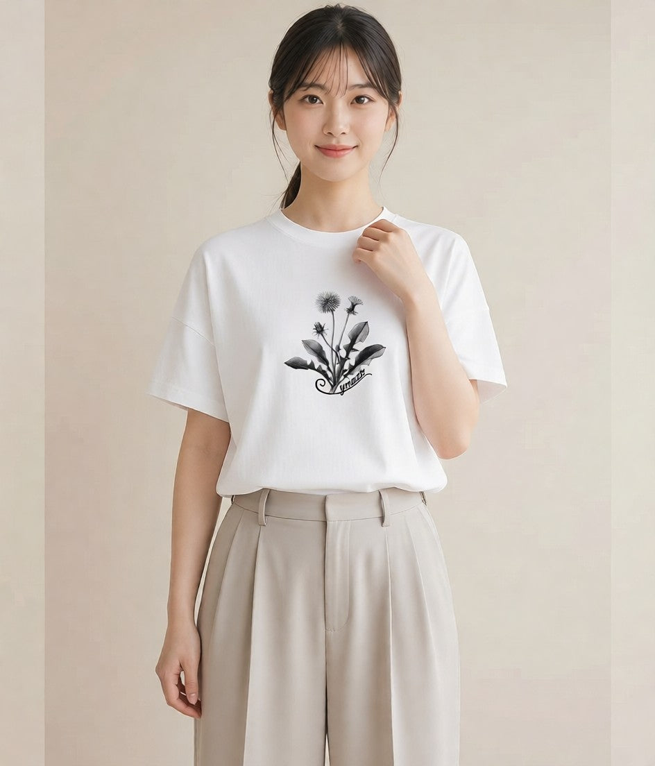 Tシャツ レディース たんぽぽ 花 花柄 イラスト お洒落 カフェ巡り 女子会 白T