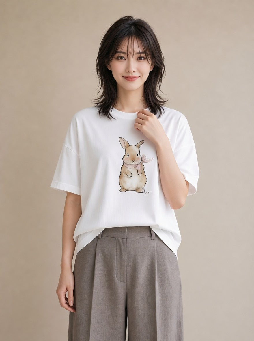 Tシャツ レディース ネザーランドドワーフ ペット 動物 イラスト 抜け感 送別ギフト 通勤 白T YMAZO