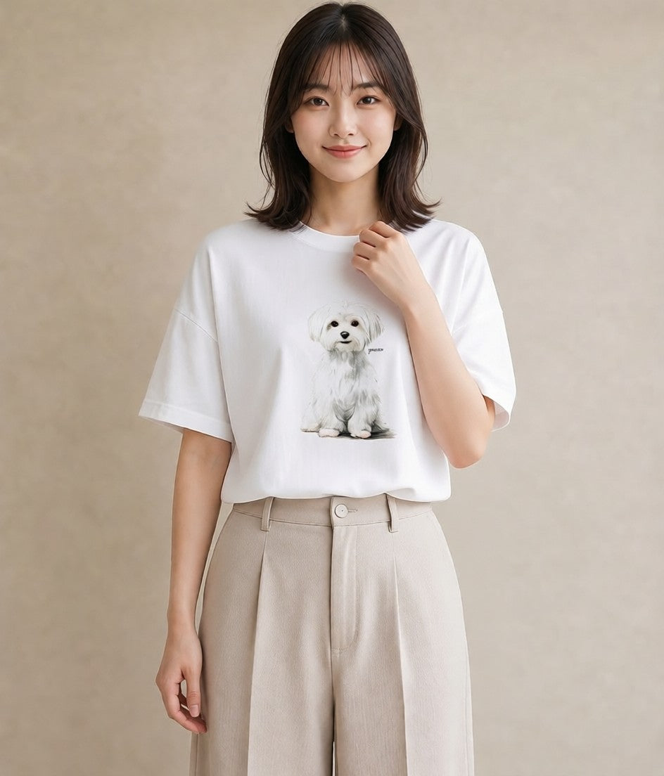 半袖Tシャツ レディース マルチーズ 犬 いぬ イラスト ニュアンス 在宅 公園 白T YMAZO