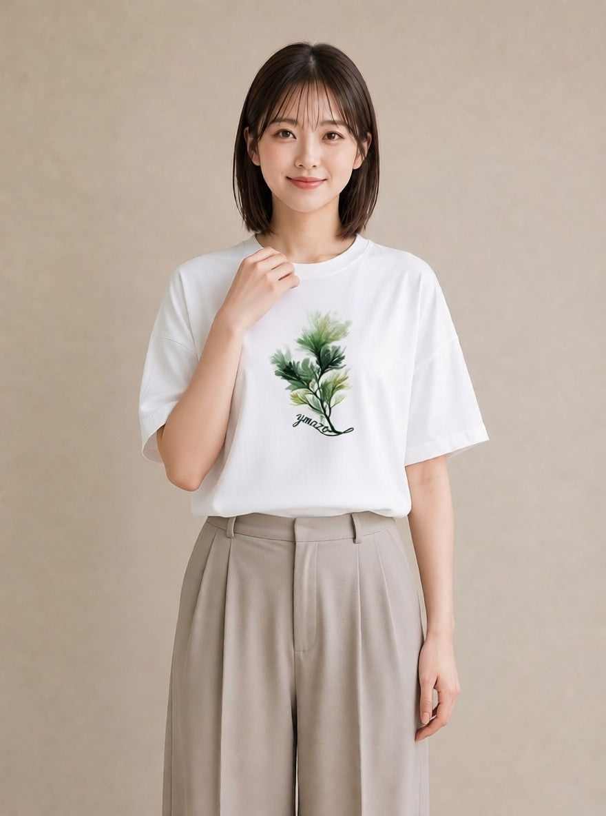 半袖Tシャツ レディース 芝生 植物 ボタニカル イラスト 普段使い カフェ巡り 女子会 白T YMAZO