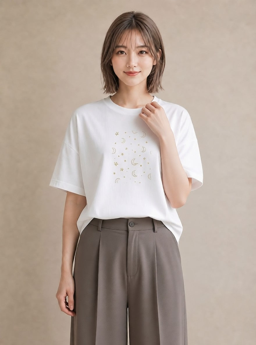 プリントTシャツ レディース 月と星 星空 ムーン イラスト フェミニン 敬老の日 ホワイトデー 白T YMAZO