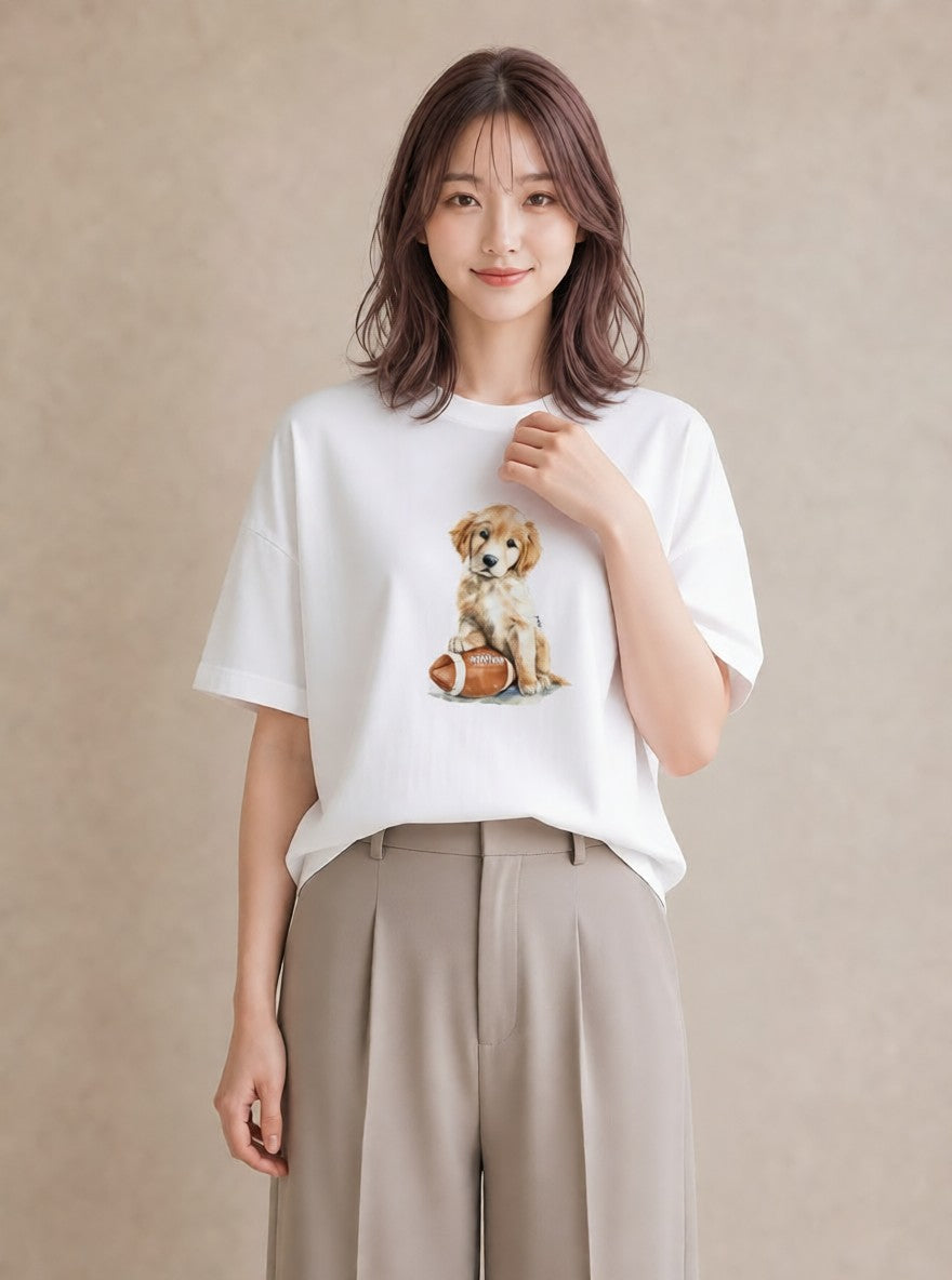 Tシャツ レディース ゴールデンレトリバー ゴールデン 犬 いぬ イラスト 水彩風 カジュアルコーデ 買い物 白T YMAZO