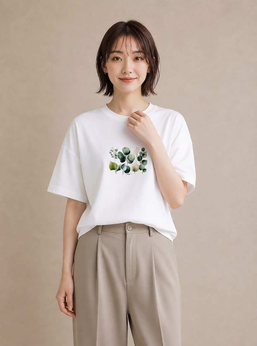 プリントTシャツ レディース ボタニカル 植物 イラスト 水彩風 休日 ペアコーデ 白T YMAZO