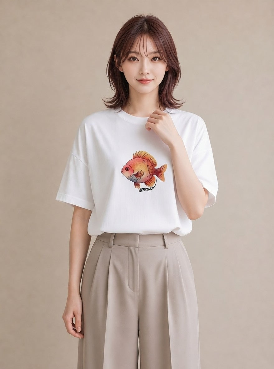 グラフィックTシャツ レディース ベタ ペット 動物 イラスト 旅行コーデ ビーチ デイリーウェア 白T YMAZO