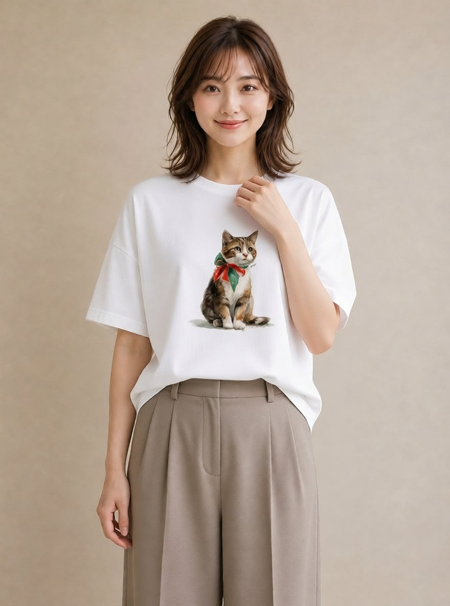 デザインTシャツ レディース 子猫 猫 ねこ イラスト ラフ 普段着 週末コーデ 白T YMAZO