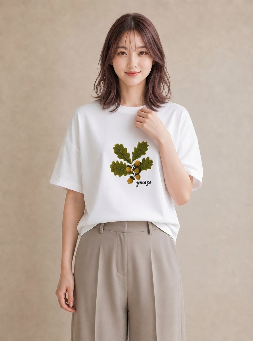 グラフィックTシャツ レディース どんぐり 植物 ボタニカル イラスト 個性的 散歩 お出かけ 白T YMAZO