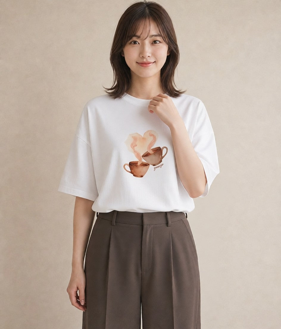 プリントTシャツ レディース カフェオレ 食べ物 フード イラスト きれいめカジュアル ギフト 母の日 白T YMAZO