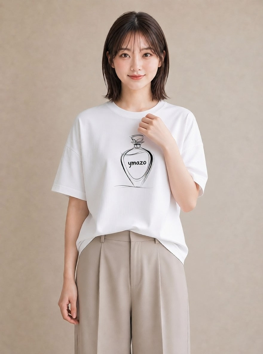 半袖Tシャツ レディース 香水 香水瓶 パフューム イラスト アート風 親子 20代 白T YMAZO