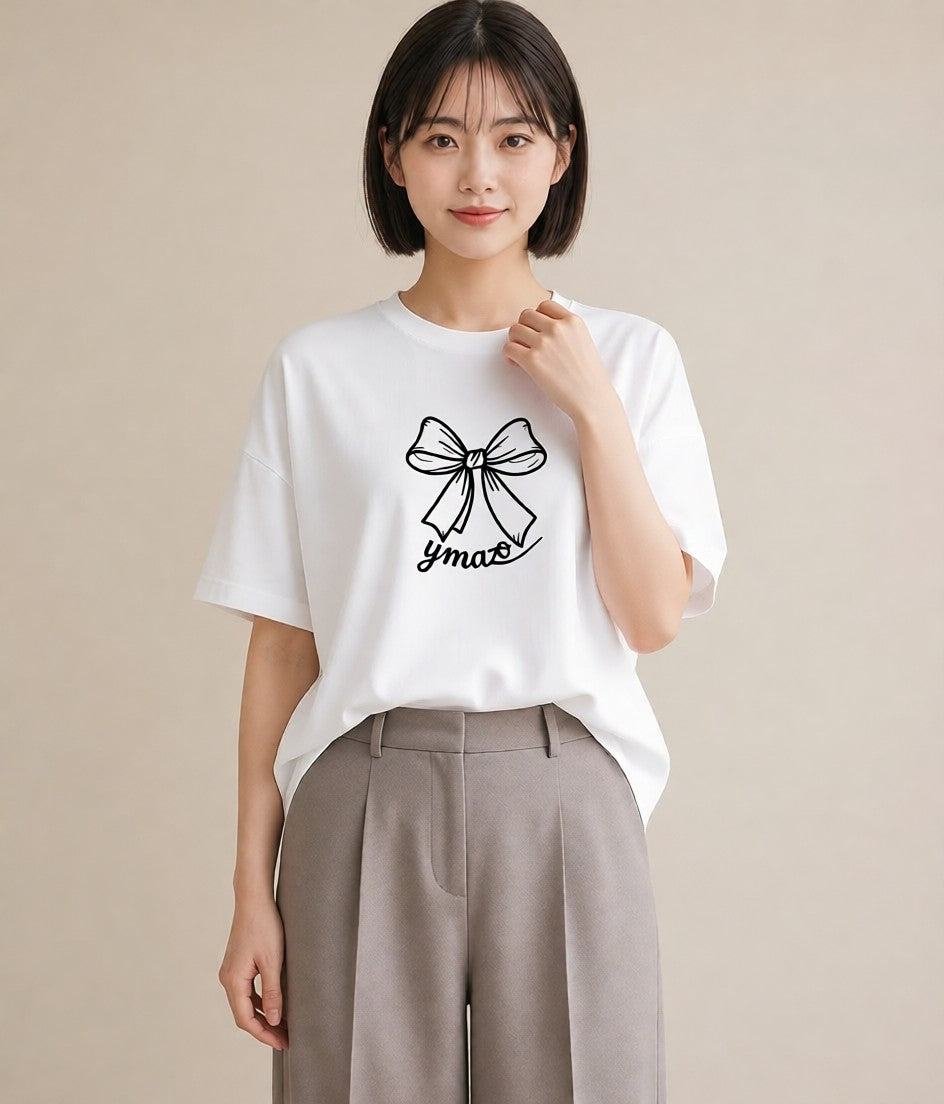 半袖Tシャツ レディース リボン ボウ りぼん イラスト 旅行コーデ ルームウェア ギフト 白T YMAZO