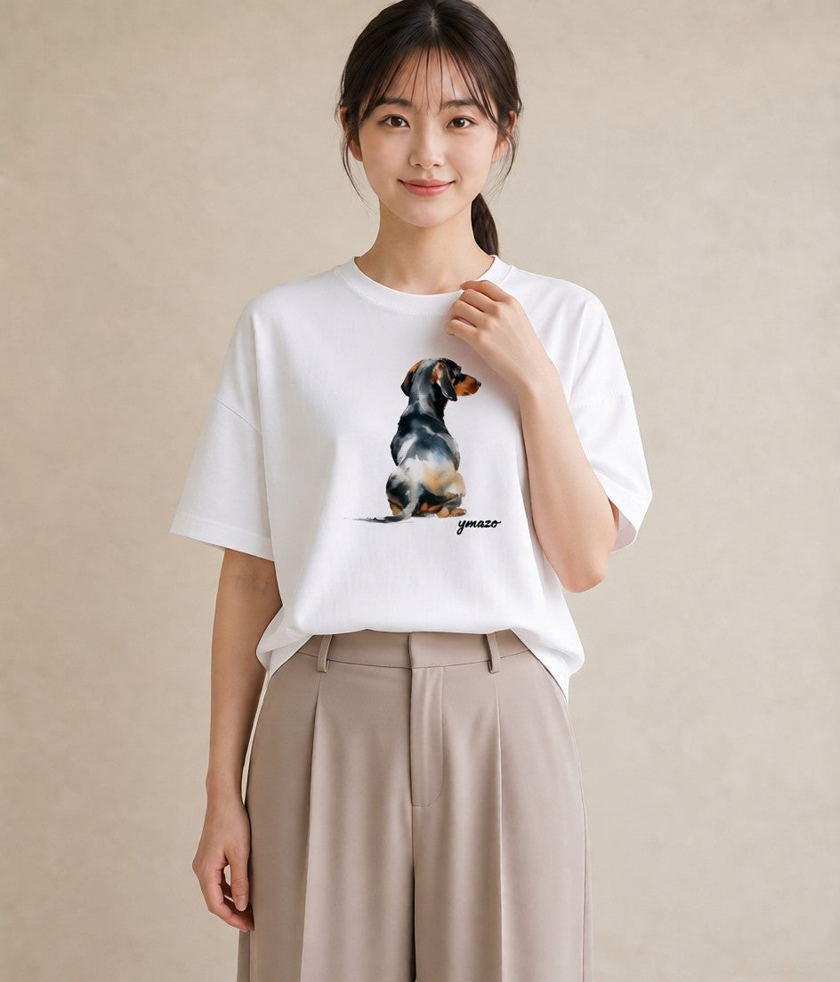 デザインTシャツ レディース ミニチュアダックスフンド 犬 いぬ イラスト フェミニン 通学 誕生日プレゼント 白T YMAZO