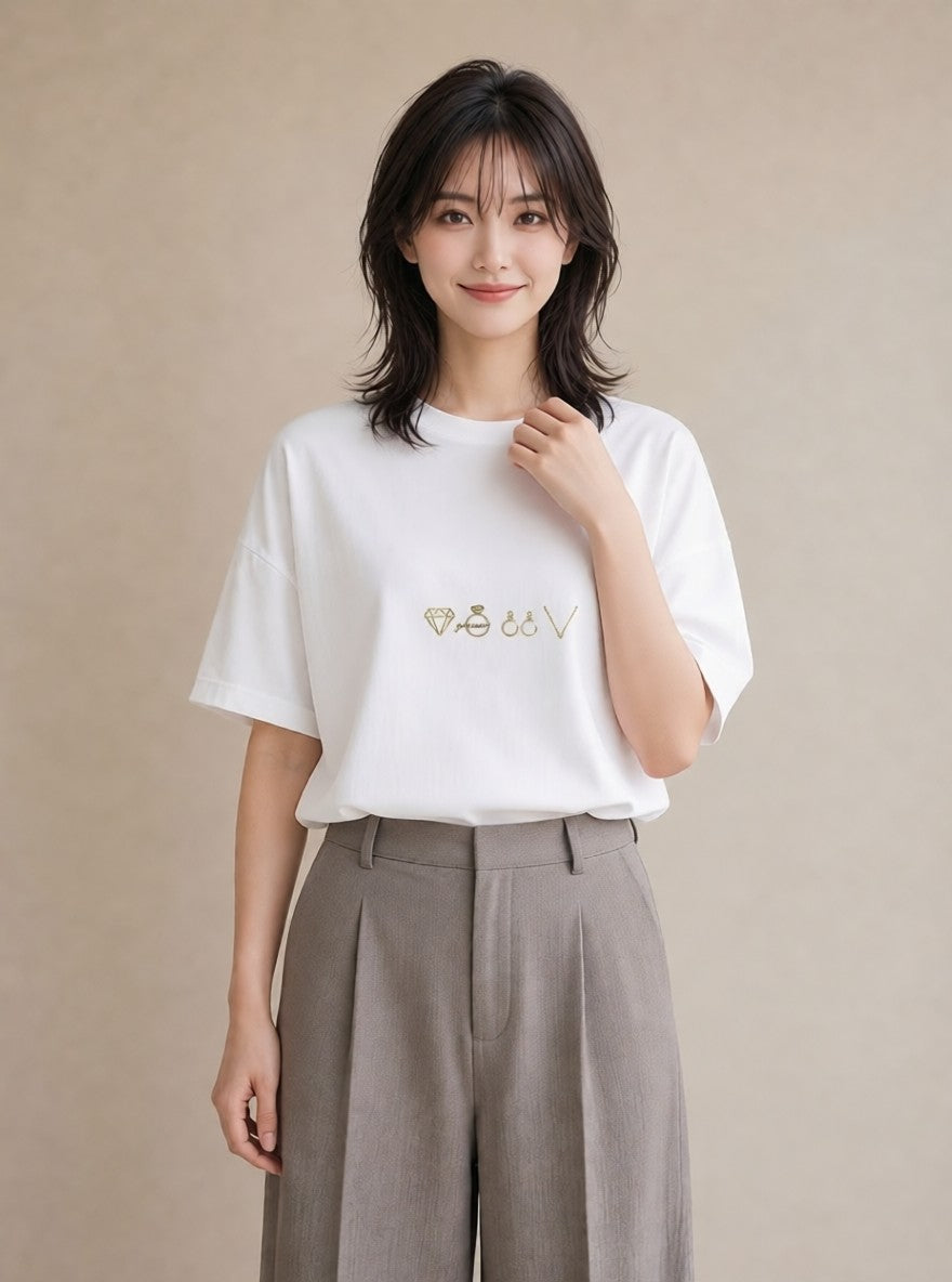 Tシャツ レディース パールピアス アクセサリー ナチュラル アンティーク イラスト アート風 誕生日プレゼント 綿100 白T YMAZO