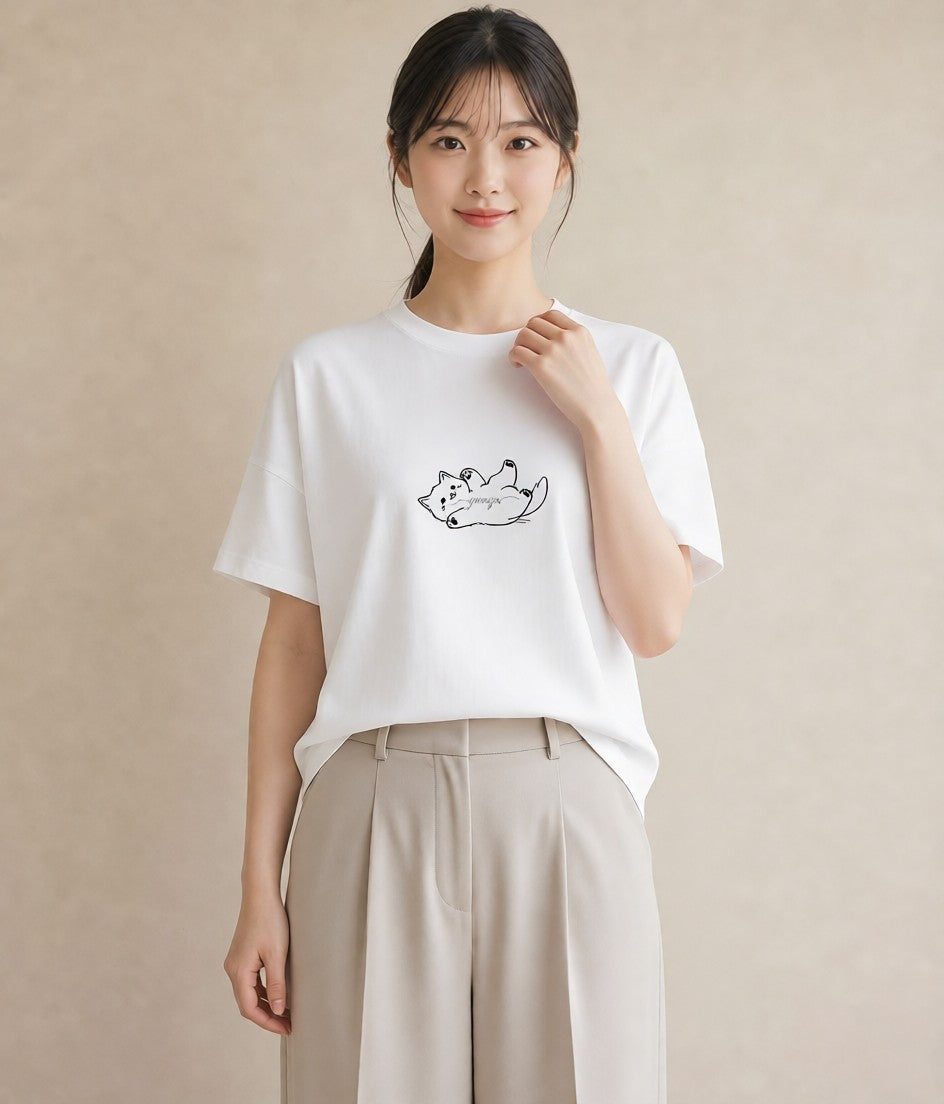 プリントTシャツ レディース 猫 ねこ ネコ イラスト ゆるコーデ 普段着 週末コーデ 白T YMAZO