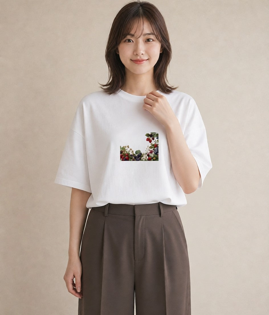 デザインTシャツ レディース 木の実 植物 ボタニカル イラスト 韓国風 公園 ママ 白T YMAZO
