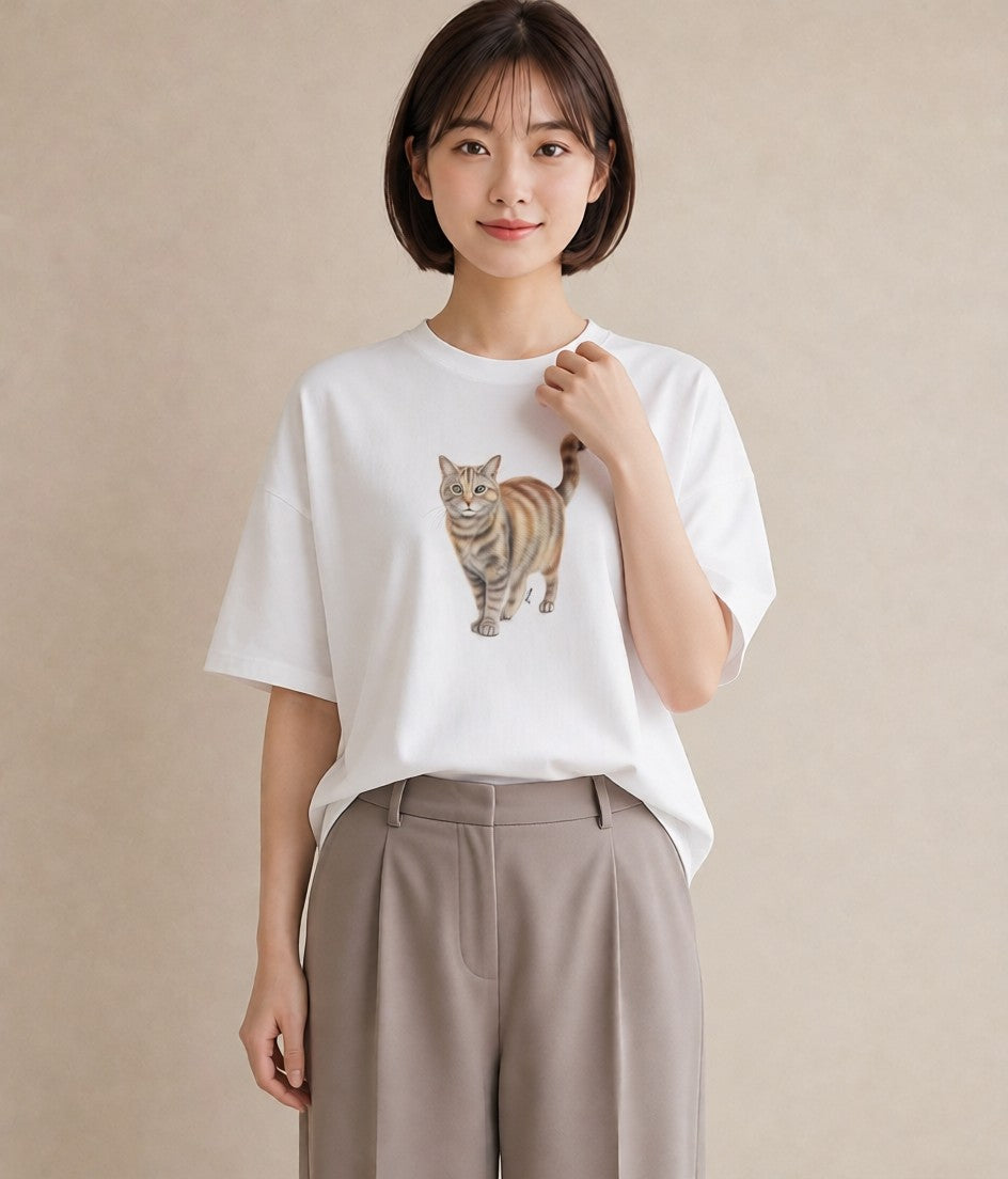 プリントTシャツ レディース スコティッシュフォールド 猫 ねこ イラスト 北欧風 カジュアルコーデ 買い物 白T YMAZO