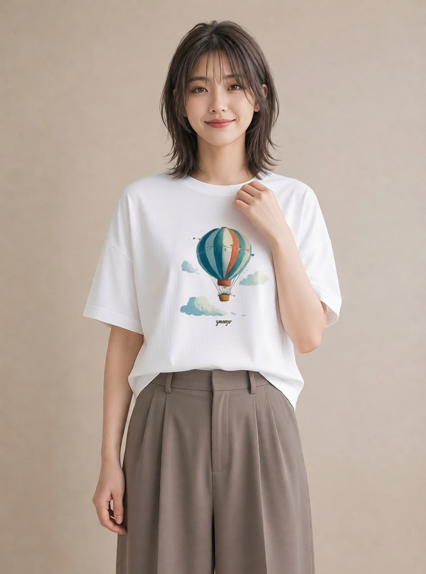 半袖Tシャツ レディース 紙風船 和紙 ナチュラル アンティーク イラスト ヴィンテージ風 ペアコーデ 秋コーデ 白T YMAZO