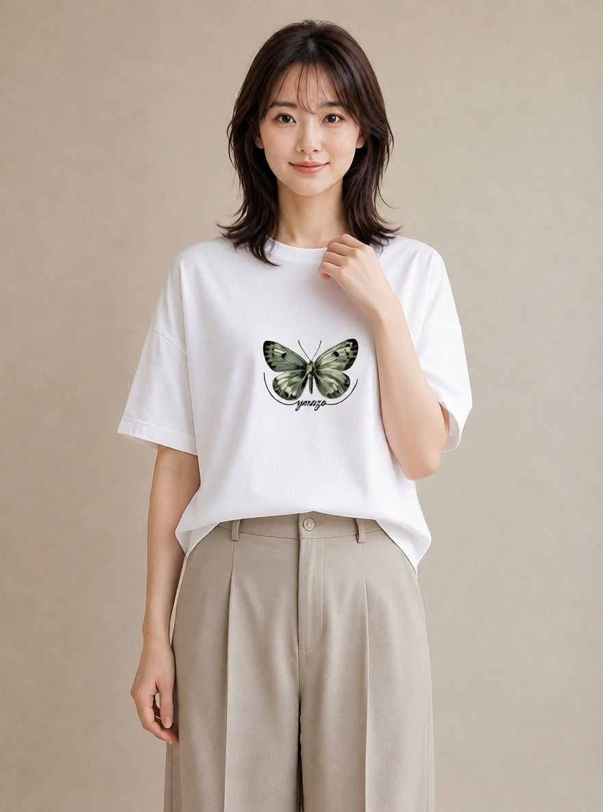プリントTシャツ レディース ちょうちょ 蝶 バタフライ 昆虫 虫 イラスト 線画 母の日 ビーチ 白T YMAZO