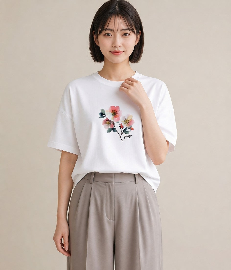 デザインTシャツ レディース 椿 花 花柄 イラスト モード 敬老の日 ホワイトデー 白T YMAZO