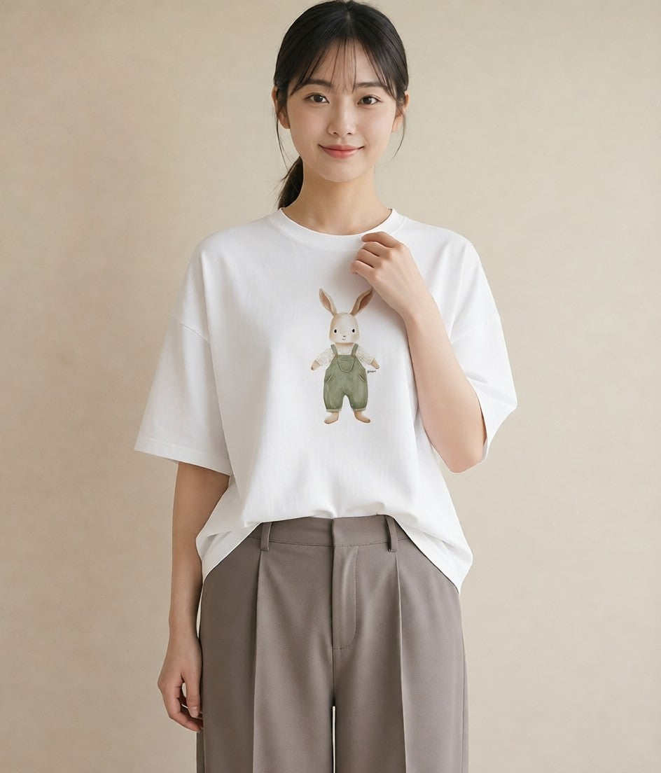グラフィックTシャツ レディース ミニうさぎ ペット 動物 イラスト 手描き風 ビーチ デイリーウェア 白T YMAZO