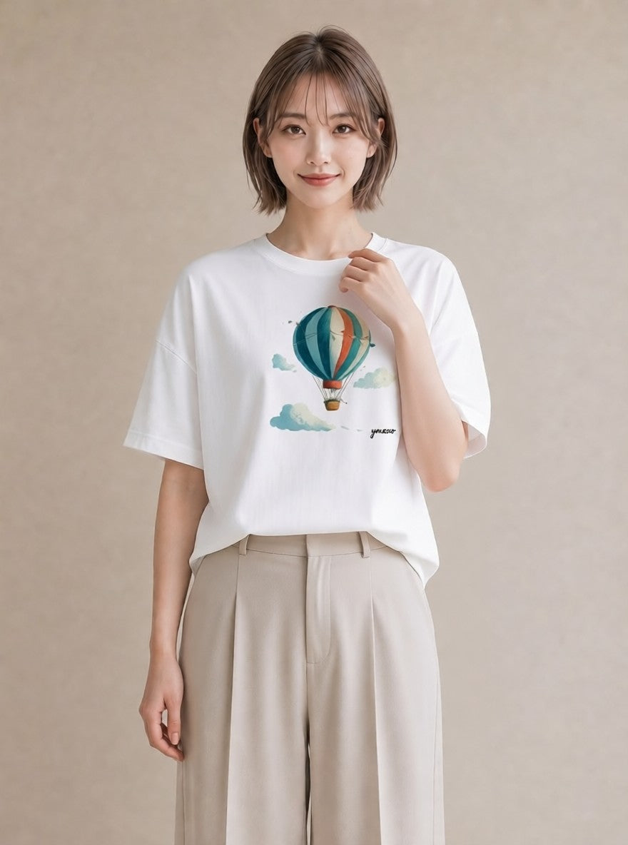 半袖Tシャツ レディース 気球 星空 宇宙 イラスト ナチュラル 旅行用 海 白T YMAZO