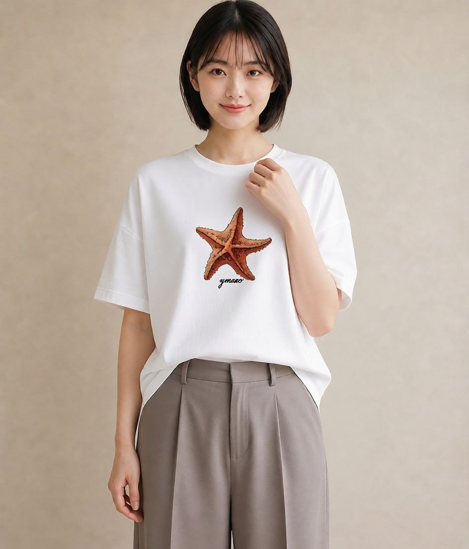 グラフィックTシャツ レディース ヒトデ 海の生き物 海 イラスト ポップ カフェ服 クリスマス 白T YMAZO