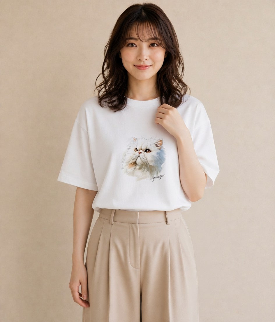 Tシャツ レディース エキゾチックショートヘア 猫 ねこ イラスト 韓国風 ママ カフェ服 白T YMAZO