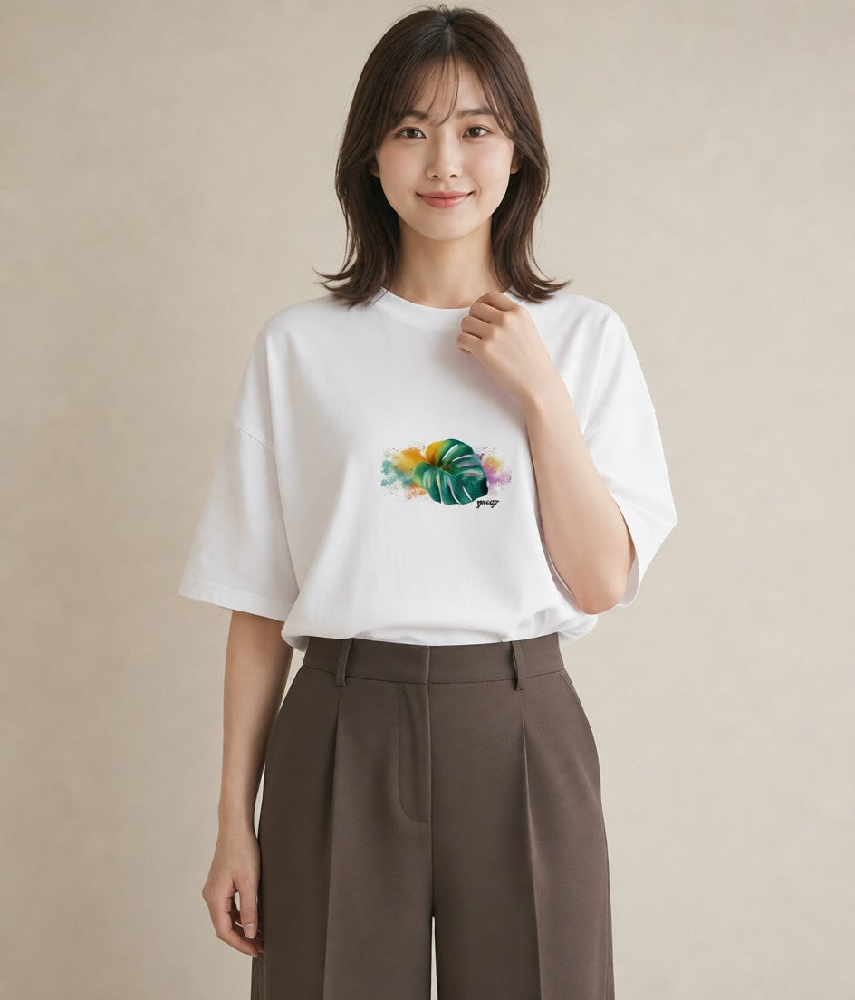 プリントTシャツ レディース モンステラ 植物 ボタニカル イラスト 手描き風 送別ギフト 通勤 白T YMAZO