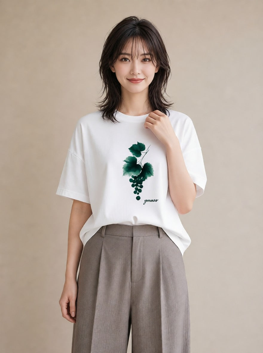 Tシャツ レディース ぶどう 葡萄 食べ物 フード イラスト ナチュラル レイヤード 友達ギフト 白T YMAZO