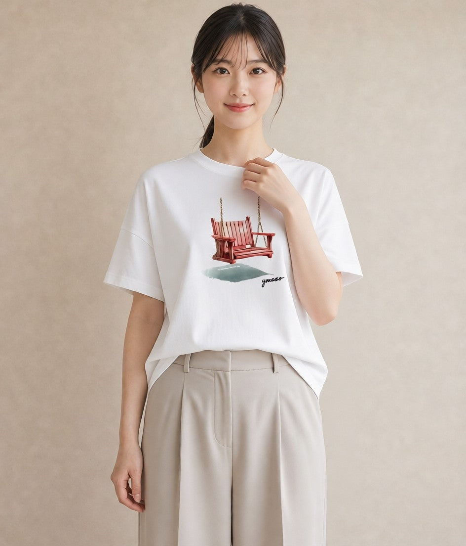 半袖Tシャツ レディース 雨上がりのベンチ ベンチ ナチュラル アンティーク イラスト アート風 休日 ペアコーデ 白T YMAZO
