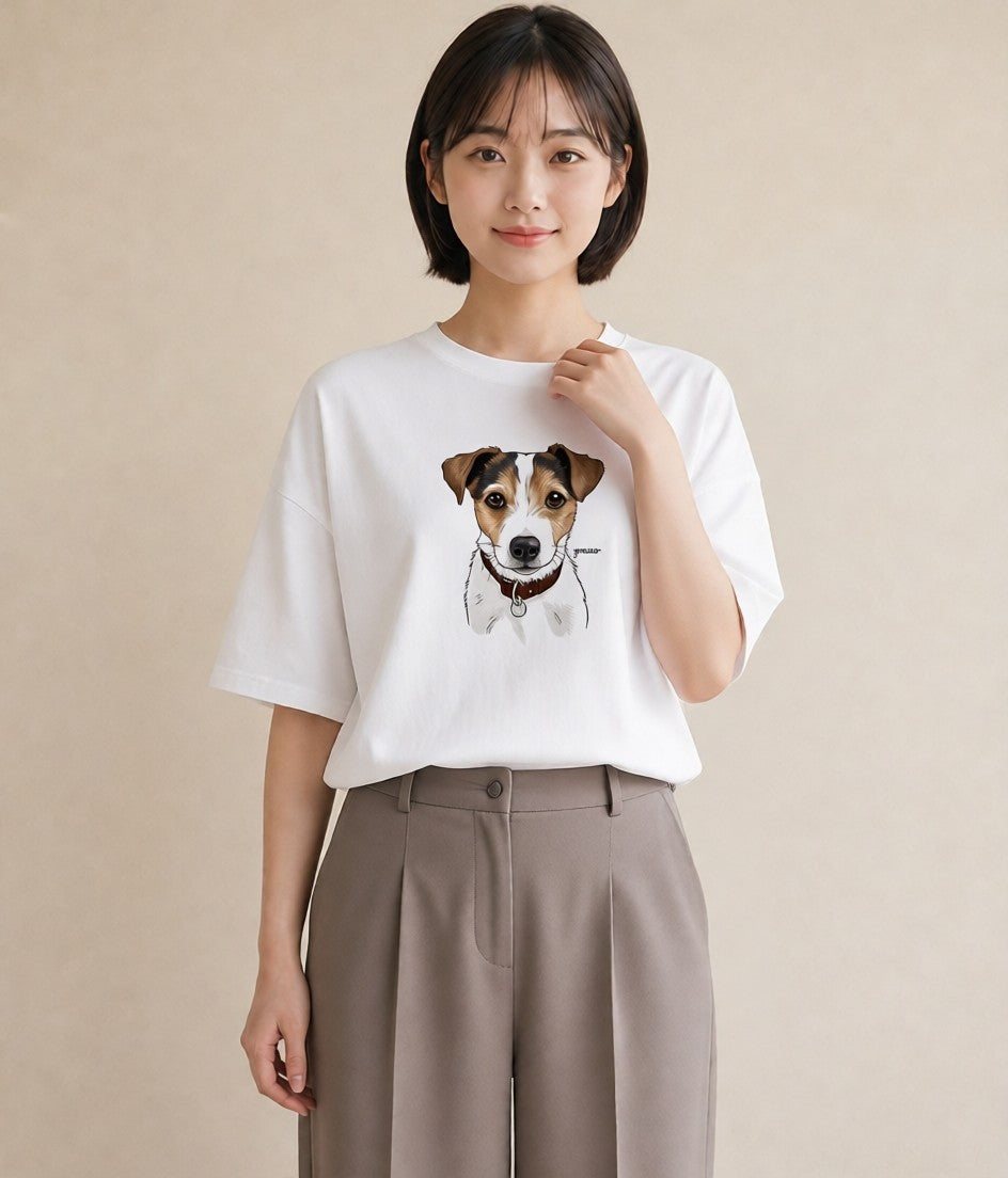 デザインTシャツ レディース ジャックラッセルテリア 犬 いぬ イラスト カフェコーデ デイリーウェア 休日 白T YMAZO