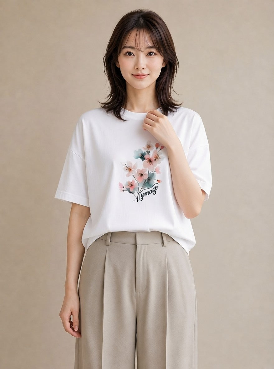 Tシャツ レディース 梅 花 花柄 イラスト ボタニカル 在宅 公園 白T