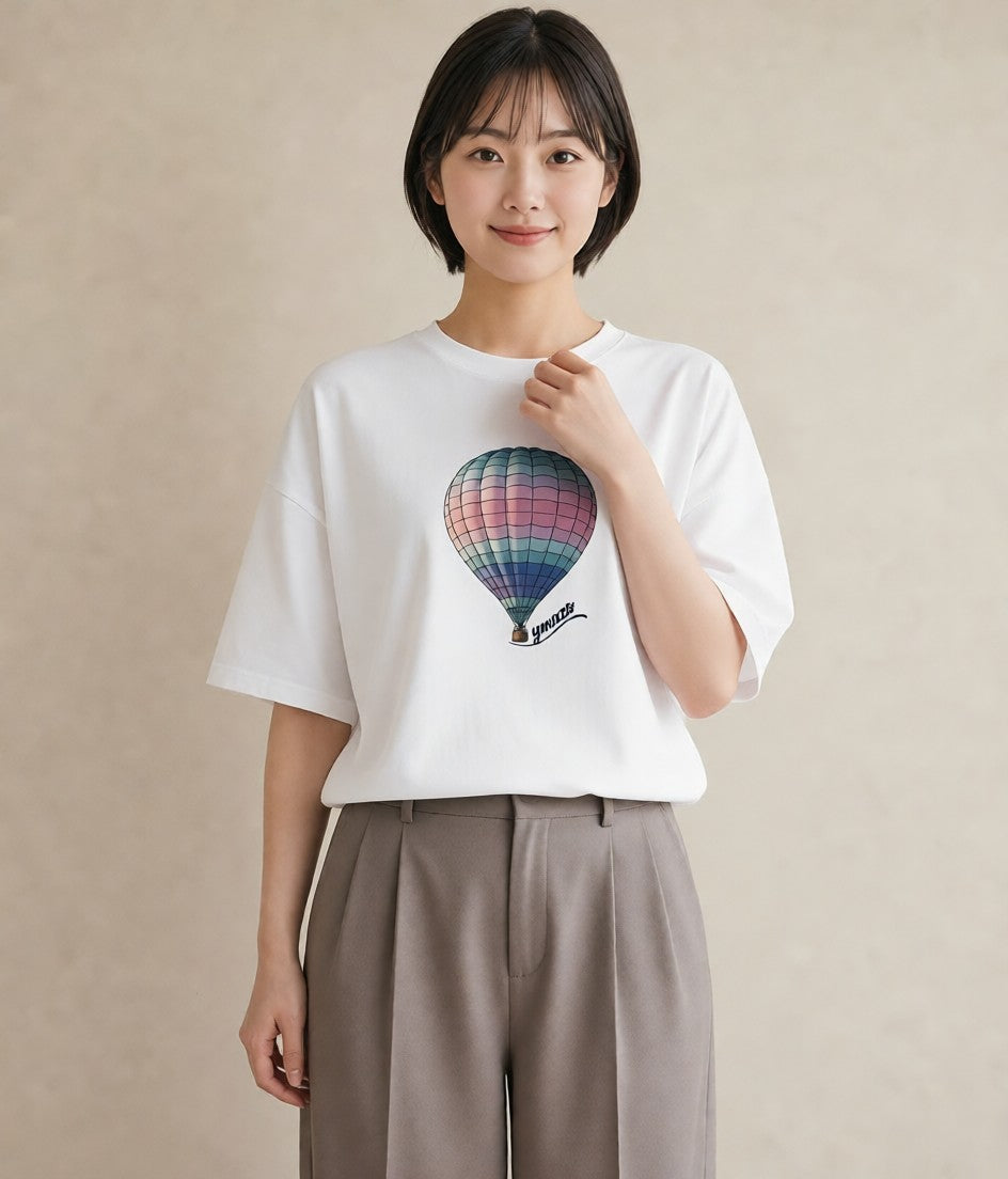 デザインTシャツ レディース 気球 星空 宇宙 イラスト 北欧風 デイリーウェア 休日 白T YMAZO