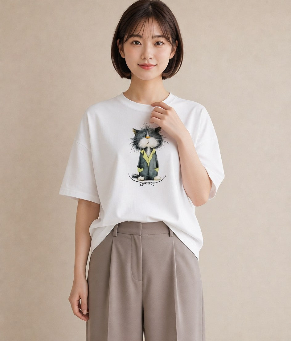 プリントTシャツ レディース ハチワレ 白黒猫 猫 ねこ イラスト シンプル ペアコーデ 秋コーデ 白T YMAZO