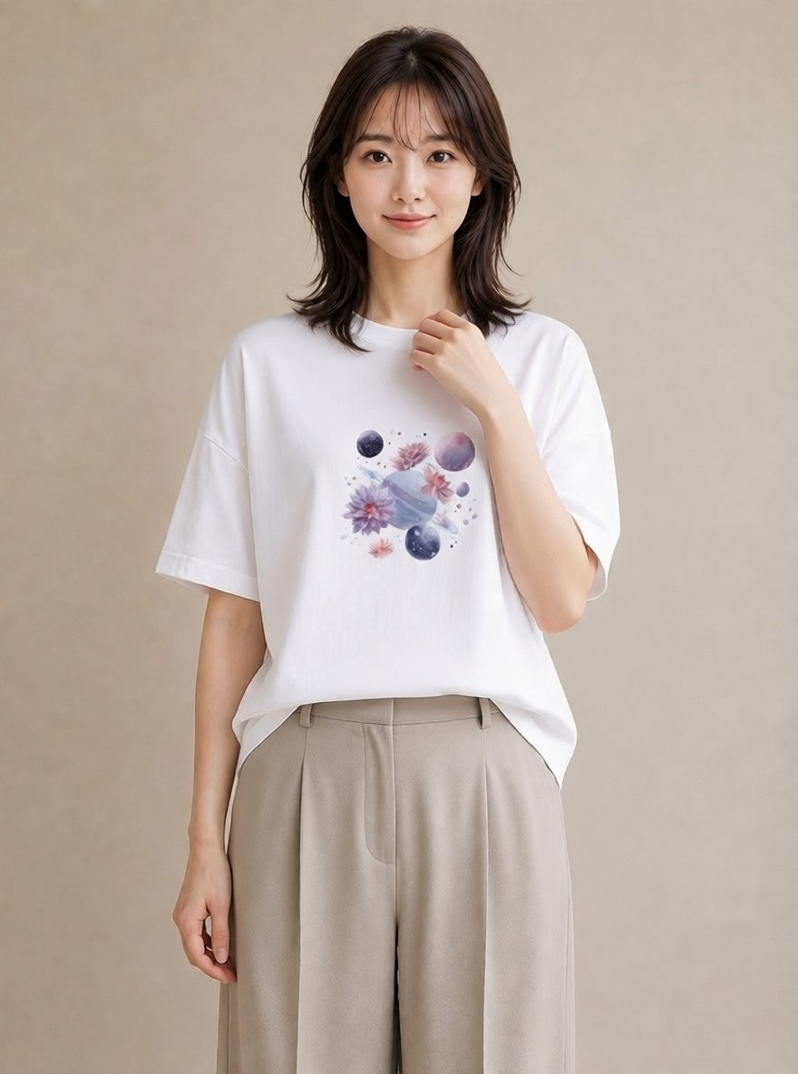 グラフィックTシャツ レディース 山羊座 星空 宇宙 イラスト こなれ感 20代 カジュアルコーデ 白T YMAZO