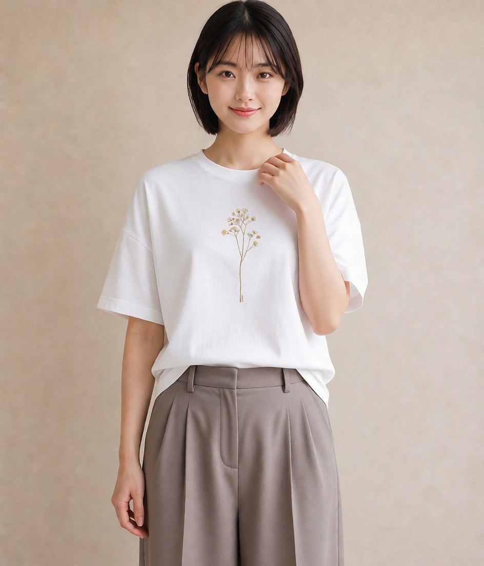 グラフィックTシャツ レディース カスミソウ かすみ草 花 花柄 イラスト ユニーク 買い物 夏コーデ 白T