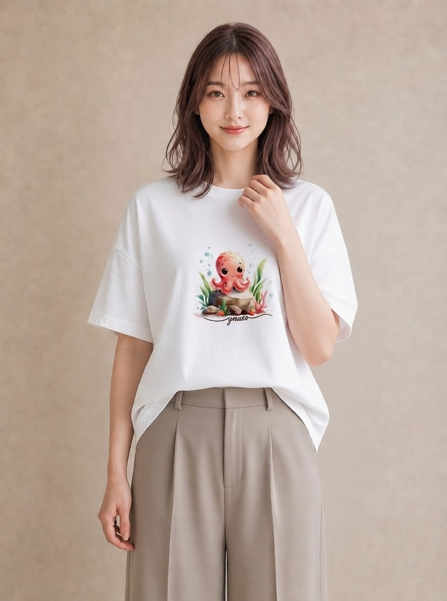 グラフィックTシャツ レディース イカ 海の生き物 海 イラスト 北欧風 敬老の日 ホワイトデー 白T YMAZO