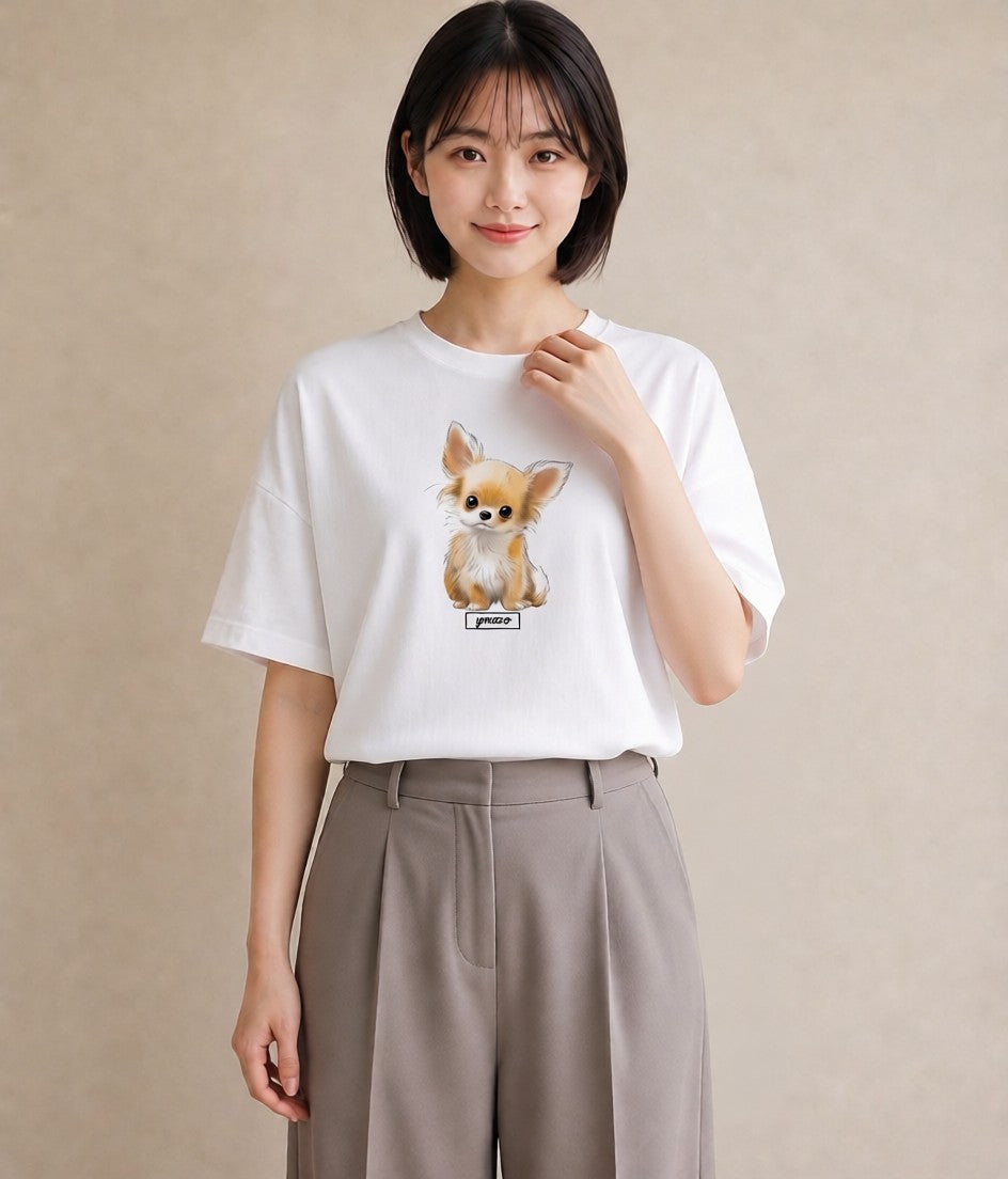 Tシャツ レディース ロングコートチワワ 犬 いぬ イラスト モード 誕生日プレゼント 綿100 白T YMAZO