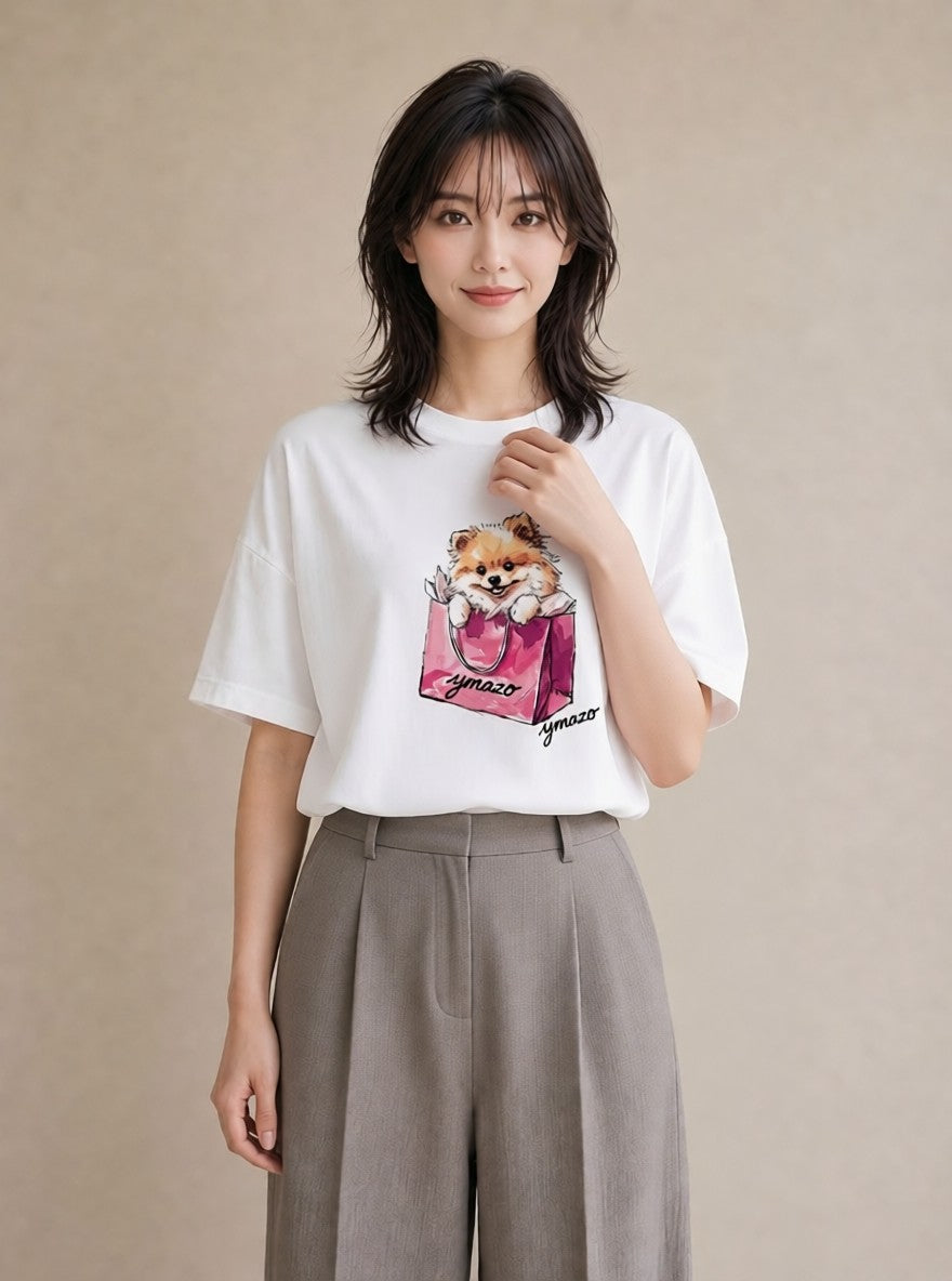 デザインTシャツ レディース 犬好き 犬 いぬ イラスト 旅行コーデ デイリーウェア 休日 白T YMAZO