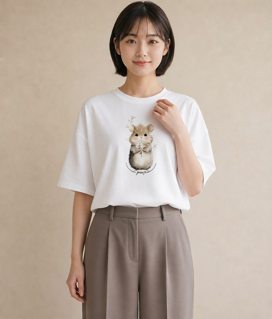 デザインTシャツ レディース ハムスター ペット 動物 イラスト 可愛い ビーチ デイリーウェア 白T YMAZO