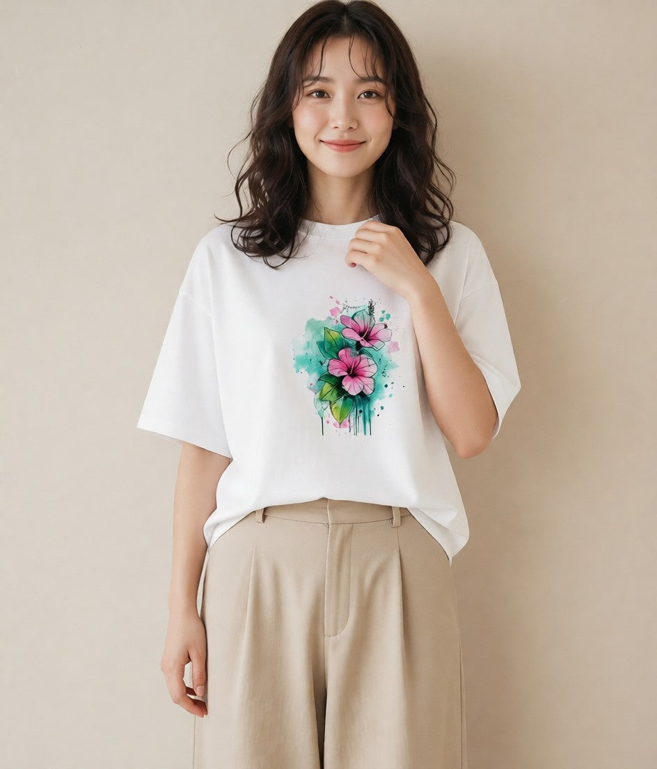 Tシャツ レディース あさがお 朝顔 花 花柄 イラスト 抜け感 休日 ペアコーデ 白T YMAZO