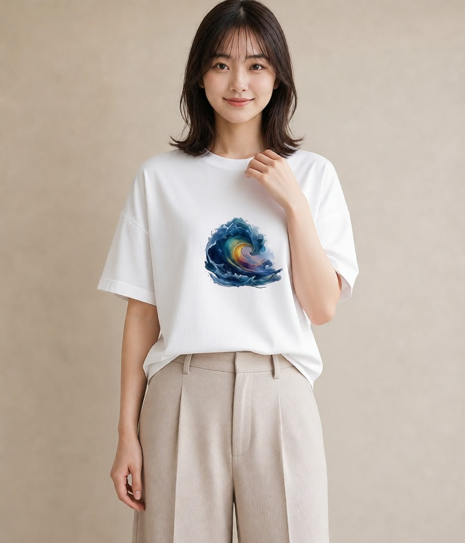 Tシャツ レディース 波 星空 宇宙 イラスト ミニマル 女性 旅行用 白T YMAZO
