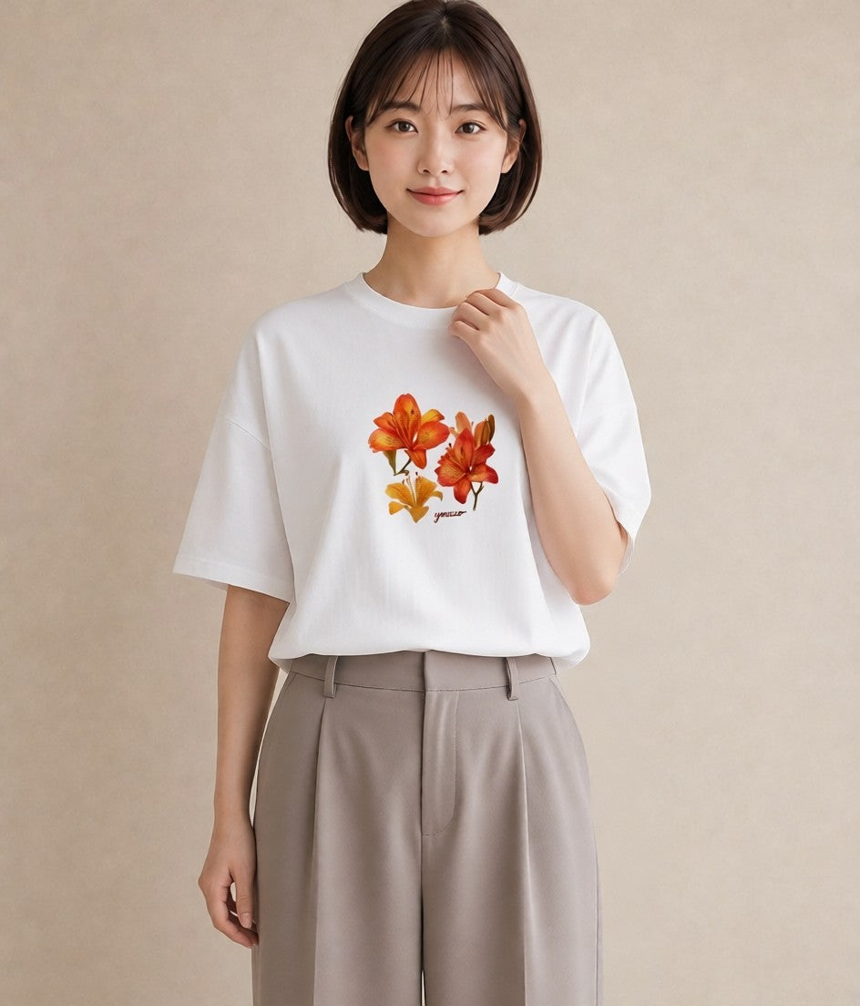 デザインTシャツ レディース ゆり 百合 花 花柄 イラスト 個性的 海 カフェ巡り 白T YMAZO