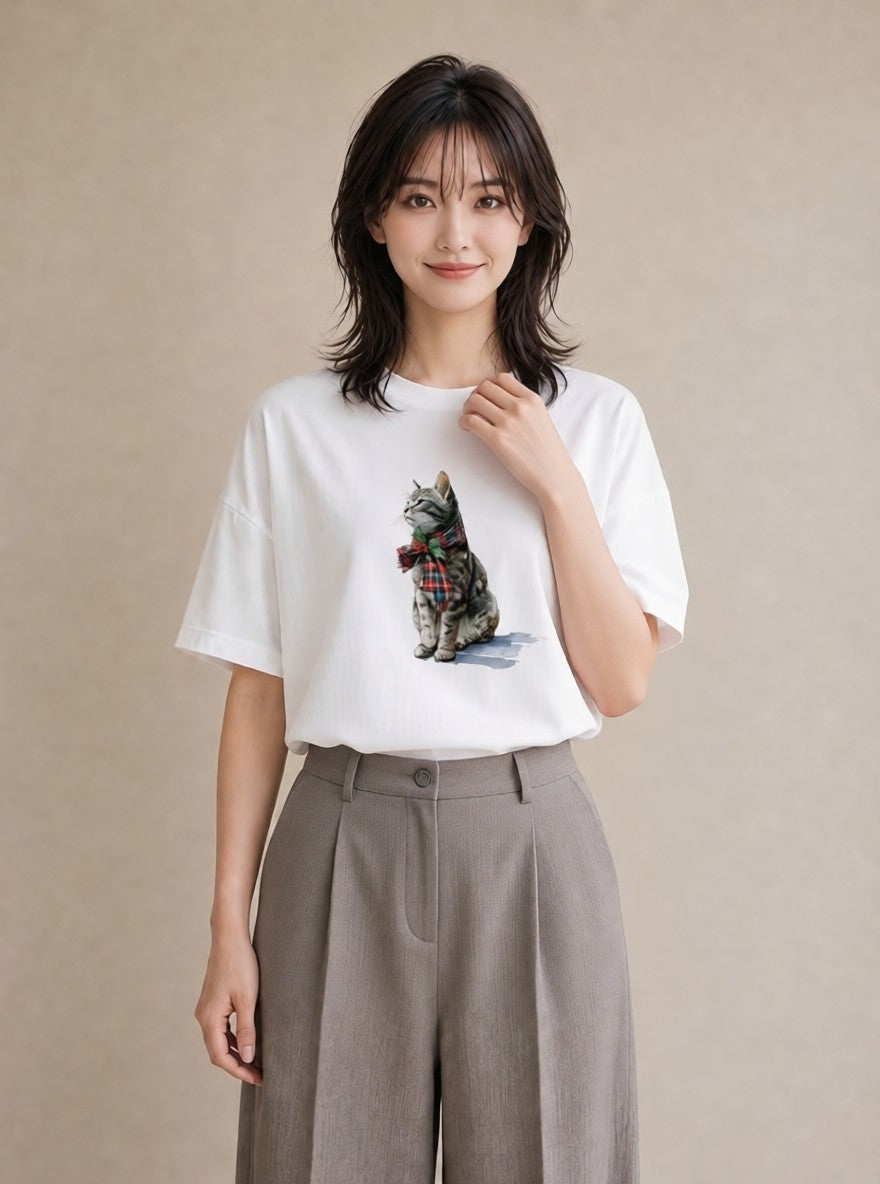 グラフィックTシャツ レディース ブリティッシュショートヘア 猫 ねこ イラスト 北欧風 敬老の日 ホワイトデー 白T YMAZO