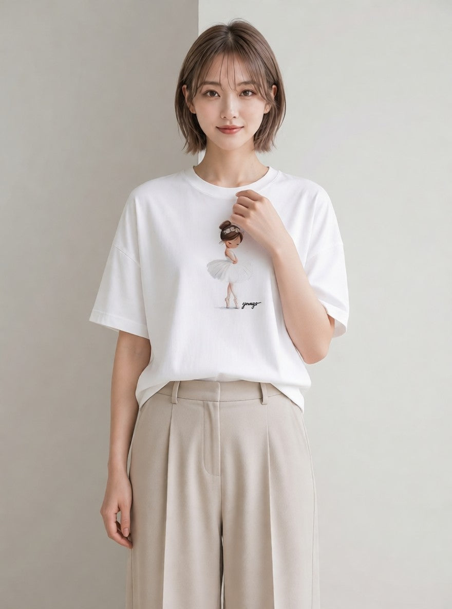 グラフィックTシャツ レディース バレエシューズ バレエ トウシューズ ナチュラル アンティーク イラスト ラフ ルームウェア ギフト 白T YMAZO