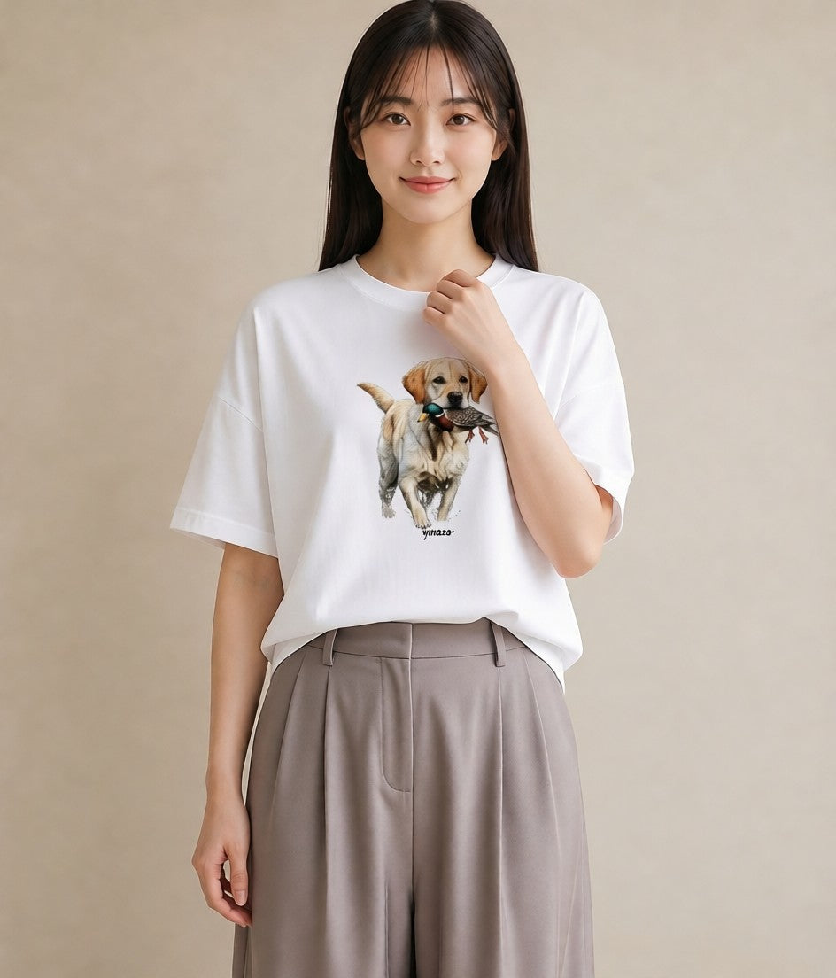グラフィックTシャツ レディース ラブラドールレトリバー 犬 いぬ イラスト 手描き風 買い物 夏コーデ 白T YMAZO