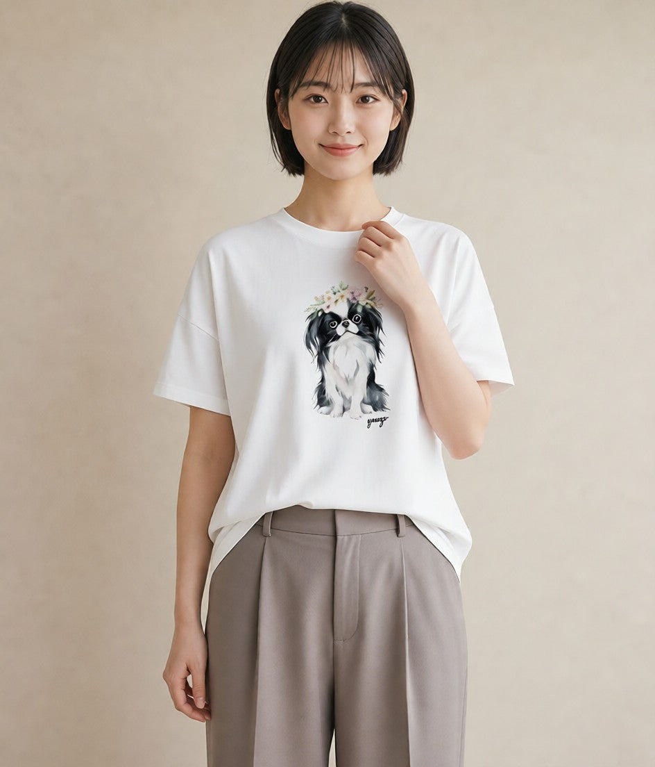 半袖Tシャツ レディース 狆 犬 いぬ イラスト ゆるコーデ ホワイトデー 春服 白T YMAZO